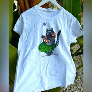 B Kilban Vintage Crazy Shirt T-shirt Hawaiian Hula Dance Hawaii Cat Fancy EUC